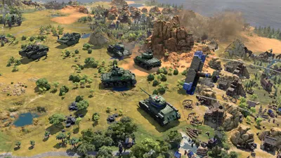 A battlefield scene with multiple tanks and destroyed buildings.