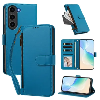 Image de Étui portefeuille pour Samsung Galaxy S23+, en cuir PU, avec compartiments pour cartes, support et dragonne. Couleur : bleu