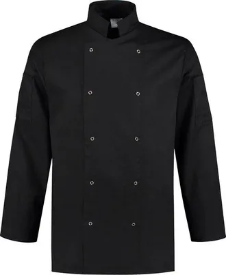 Image de Veste de travail Unyqoos® : 65% polyester, 35% coton, couleur noire, taille L (52-54) – 190 g/m², fermeture à double rangée de boutons-pression, col montant, poche pour stylo, lavable jusqu'à 60°C