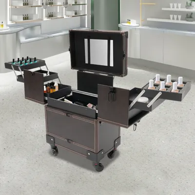 Obrázek produktu pro Kosmetický vozík se 6 přihrádkami a 4 kolečky Make-up Case Organizér (káva) pro dámy dívky