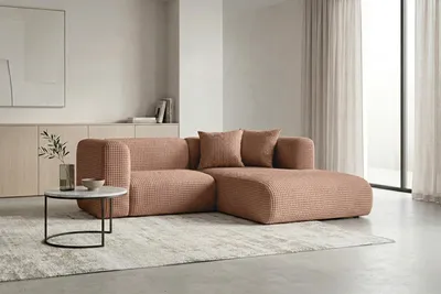 Productafbeelding van Kaiser Möbel Hoekbank in L-vorm, mini, bekleding: chenille-stof Cremona, lichtbruin, rechts, model GRETA, AI-gegenereerde afbeelding
