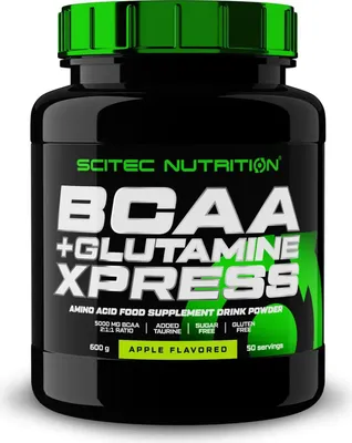 A black plastic container of BCAA + Glutamine Xpress apple flavored powder.