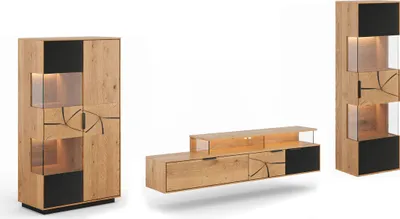 Produktbild von Wohnwand Tirano Wohnzimmer-Set Massivholz geölt Ausführung wählbar,Vitrine, Lowboard, Hängevitrine,Eiche Natur / Absetzung schwarz / Hirnholz