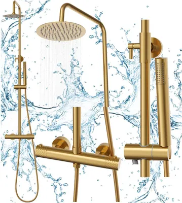 Zdjęcie produktu dla Granitan | Zestaw prysznicowy z termostatem - Glami - Szczotkowane złoto - Nowoczesny design - Stabilny regulator temperatury