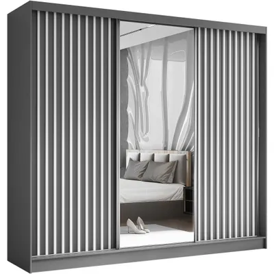 Produktbild von Schwebetürenschrank HELIX 240cm Graphit/Weiß – 3-türig, Kleiderschrank mit Lamellen & Spiegel & Schiebetüren