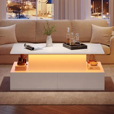 Productafbeelding van Salontafel, 90x55x41 cm, 100% spaanplaat, wit, met LED-verlichting, 4 lades en een uitschuifbaar tafelblad
