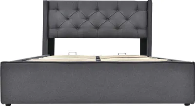 Produktbild von Merax Hydraulisches Boxspringbett 140x200cm Polsterbett mit Bettkasten und Stauraum, Lattenrost aus Metallrahmen, Ohrenform Doppelbett Funktionsbett Stauraumbett aus Baumwolle, Grau