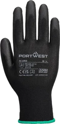 A black Portwest glove with green trim at the cuff, shown flat against a white background.
