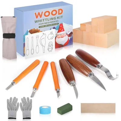 Image de Kit de sculpture sur bois, comprenant 35 pièces, 9 blocs de bois et une pierre à aiguiser