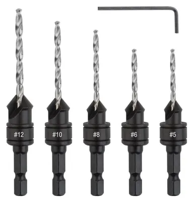 Produktbild von 5 tlg. HSS Senker Bohrer Set für Holzbearbeitung, 1/4" Sechskantgriff, Ø 4-12 mm