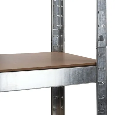 A close-up view of a metal shelving unit with a wooden shelf.