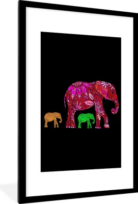 Produktbild von MuchoWow® MuchoWow® Gerahmtes Poster Elefant - Tiere - Muster - Blumen 60x90 cm - Poster mit zchwarzem Bilderrahmen - Dekoration - Wandposter Wohnzimmer - Hochwertig