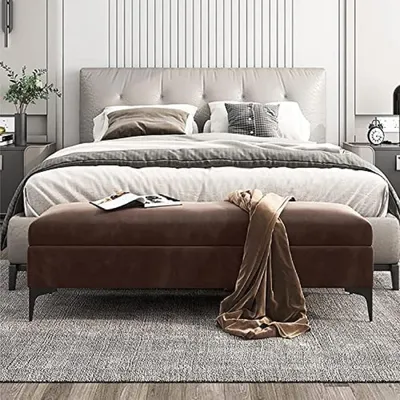 Produktbild von Braune Samt-Polsterbank als stilvolle Fußbettbank, 100 x 40 x 43 cm, für Wohnzimmer, Eingangsbereich und Schlafzimmer