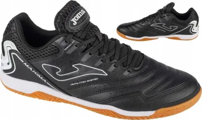 A pair of black Joma Maxima indoor football shoes are shown, with one shoe in the foreground and another in the background.