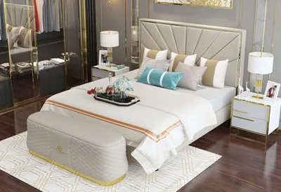 Produktbild von Designer Schlafzimmer Bett Leder 2tlg. Komplett Set Hocker Betten Hotel Luxus