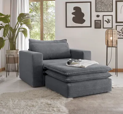 Produktbild von Loveseat Sessel Set "Pesaro" in grau Cord Couch Loungesessel inklusive Hocker