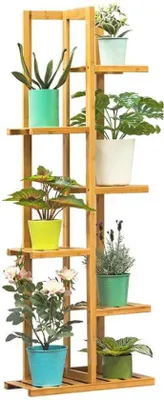 Produktbild von Happyment Pflanzenständer aus Bambus – Blumenregal für Innen & Außen – Garten-Etagere – Pflanzenregal mit 6 Ebenen