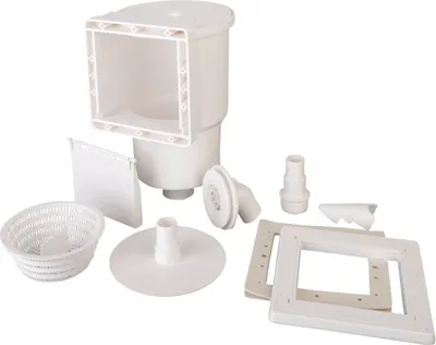A collection of white plastic pool skimmer components arranged on a white background.