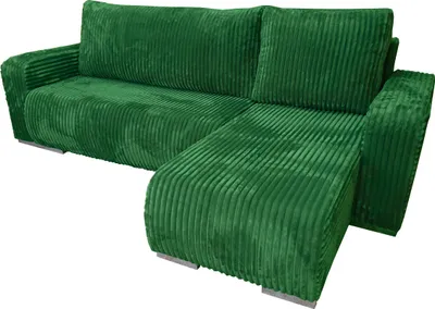 A green sectional sofa with a corduroy texture, shown from a diagonal angle against a white background.
