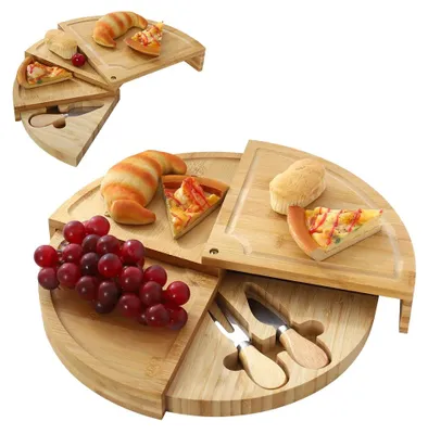 Image de Plateau rond en bambou pour fromage - Assiette de service pour charcuterie - Tiroir pivotant - Facile à nettoyer - Multifonctionnel - 1 pièce