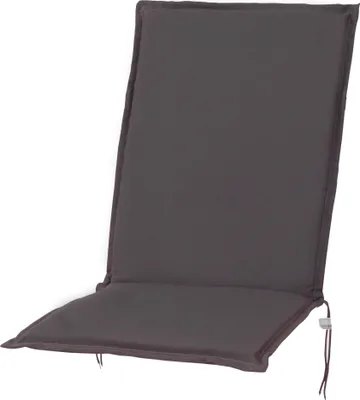 A dark grey chair cushion is shown against a white background.