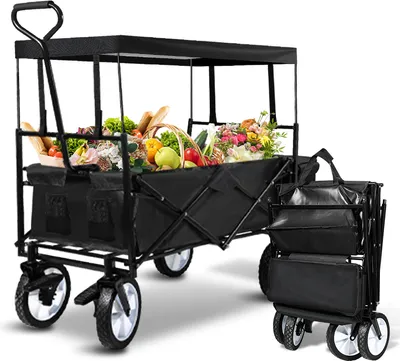 A black foldable wagon filled with groceries and flowers, with a smaller folded wagon next to it.