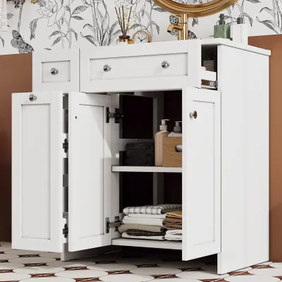 Produktbild von Merax Waschbeckenunterschrank, freistehend Badezimmerschrank mit Keramikbecken, Tür, 3 Schubladen mit 8-Fach-Organizer, Badezimmerwaschtisch, Weiß