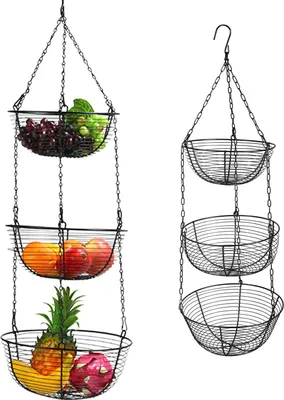 Produktbild von 3-stöckiger Obstkorb - Tisch- und Hänge-Obstständer - Metall Aufbewahrungskorb - Für Küche und Bad - 29×84 cm