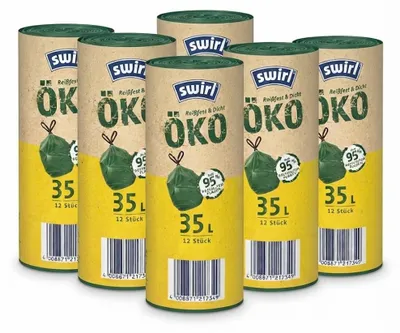 Zdjęcie produktu dla Inne worki na śmieci Swirl – odporne na rozdarcia i szczelne – ze sznurkiem – 35 l – 6 x 12 worków – zielone