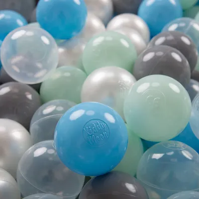 Immagine prodotto di KiddyMoon Kids 200 palline ∅ 7cm Palline da gioco per il bagno a palline Palline di plastica per bambini  EU, Perla/Grigio/Trasparente/Blu Bambino/Menta