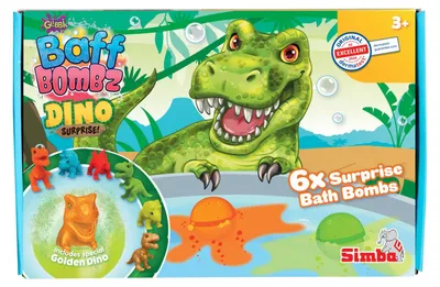 Produktbild von Simba Baff Bombz Dino Surprise – 6er Set Glibbi Badebombe mit Überraschung, zufällige Auswahl aus 3 Farben & 1 von 6 Dinosaurier-Figuren, 100 g, für Kinder ab 3 Jahren