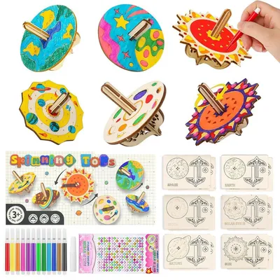 Produktbild von Holzkreisel Bastelset für Kinder, 12 Stück, zum Bemalen und Basteln, mit Stiften und Stickern