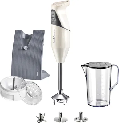 A Bamix immersion blender and its accessories are displayed against a white background.