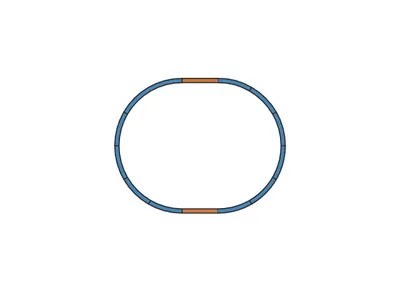 A simple, top-down view of a model train track loop on a white background.
