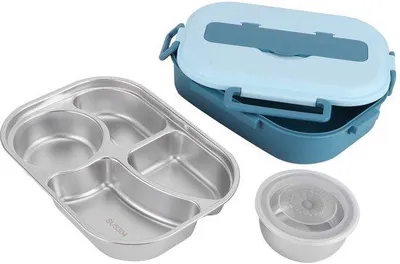 Productafbeelding van Gemakkelijk te openen thermoslunchbox - 4 compartimenten - roestvrij staal - draagbaar - voedselcontainer - thermische isolatie