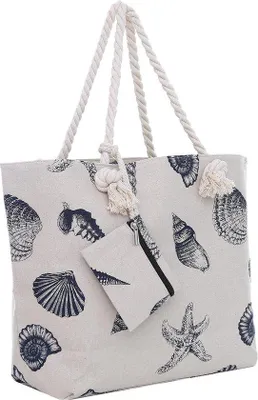 Produktbild von Beige Strandtas mit Palmenmotiv - Schultertasche mit Reißverschluss - Baumwolleschurze Größe