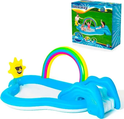 Produktbild von Bestway Aufblasbarer Pool Regenbogen Spielplatz 257x145x91 cm +2 Jahre Garten 53092