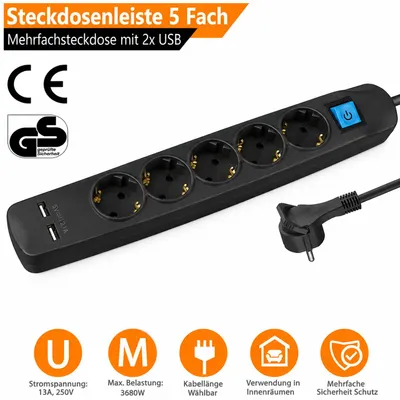 Produktbild von ORSEM 5-Fach Steckdosenleiste mit 2x USB-A 3680W – 16A – Mehrfachsteckdose Flachstecker mit Kindersicherung Schalter flachem Winkelstecker 5m Schwarz