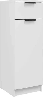 A white cabinet with two drawers and black handles.