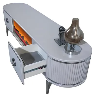 Image de Meuble TV de luxe blanc et or avec cheminée et Bluetooth