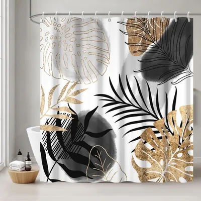 Image de Rideau de douche 240 x 180 cm - Résistant à la moisissure, noir et jaune avec des feuilles de palmiers tropicaux