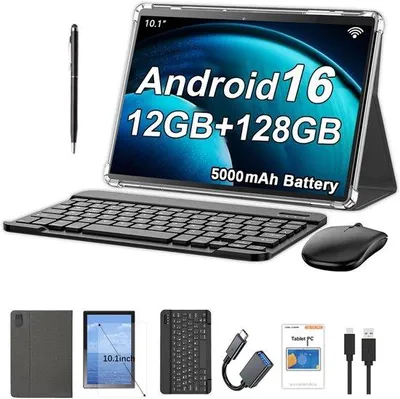 Productafbeelding van 10.1 Inch Android Tablet met 12GB RAM, 128GB Opslag, 5000mAh Batterij, 1280 x 800 Touchscreen, Bluetooth/WiFi, Inclusief Hoes, Toetsenbo
