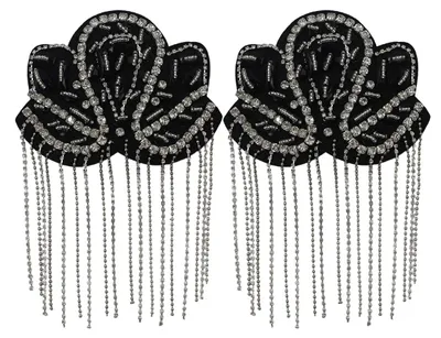 Schulterepauletten mit Quasten, Strass, 13x18 cm, Schwarz, 2 Stück