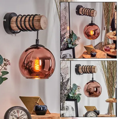 Produktbild von Cesaro Wandlampe aus Metall/Holz/Glas in Schwarz/Natur/Kupferfarben
