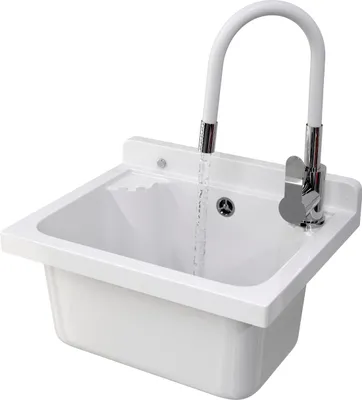Produktbild von Granitan - Waschbecken - Ausgussbecken - 42x34x24 cm - Weiß - mit Armatur und Siphon - Spülbecken - LOMA