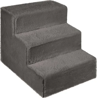 Obrázek produktu pro Psí schody pro malé psy 30 cm vysoké tmavě šedé - žebřík 3 stupně, polstrovaný huňatou látkou imitující srst, přenosný - plošina pro měkké psy