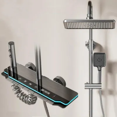Immagine prodotto di Set doccia per bagno - Miscelatore per doccia - Display digitale della temperatura - Doccia a pioggia con LED - Altezza regolabile - Soffione quadrato - Miscelatore in acciaio inossidabile per acqua calda/fredda - Grigio