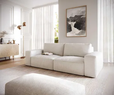 Produktbild von DELIFE Big-Sofa Lanzo 230x95 cm Bouclé Creme-Weiß mit Hocker