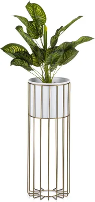 Zdjęcie produktu dla Stojak na kwiaty HowHomely - Stylowy metalowy stojak na rośliny ze złoto-białą strukturą - 55 cm