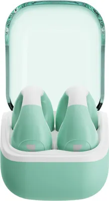 A pair of green and white wireless earbuds in their charging case.